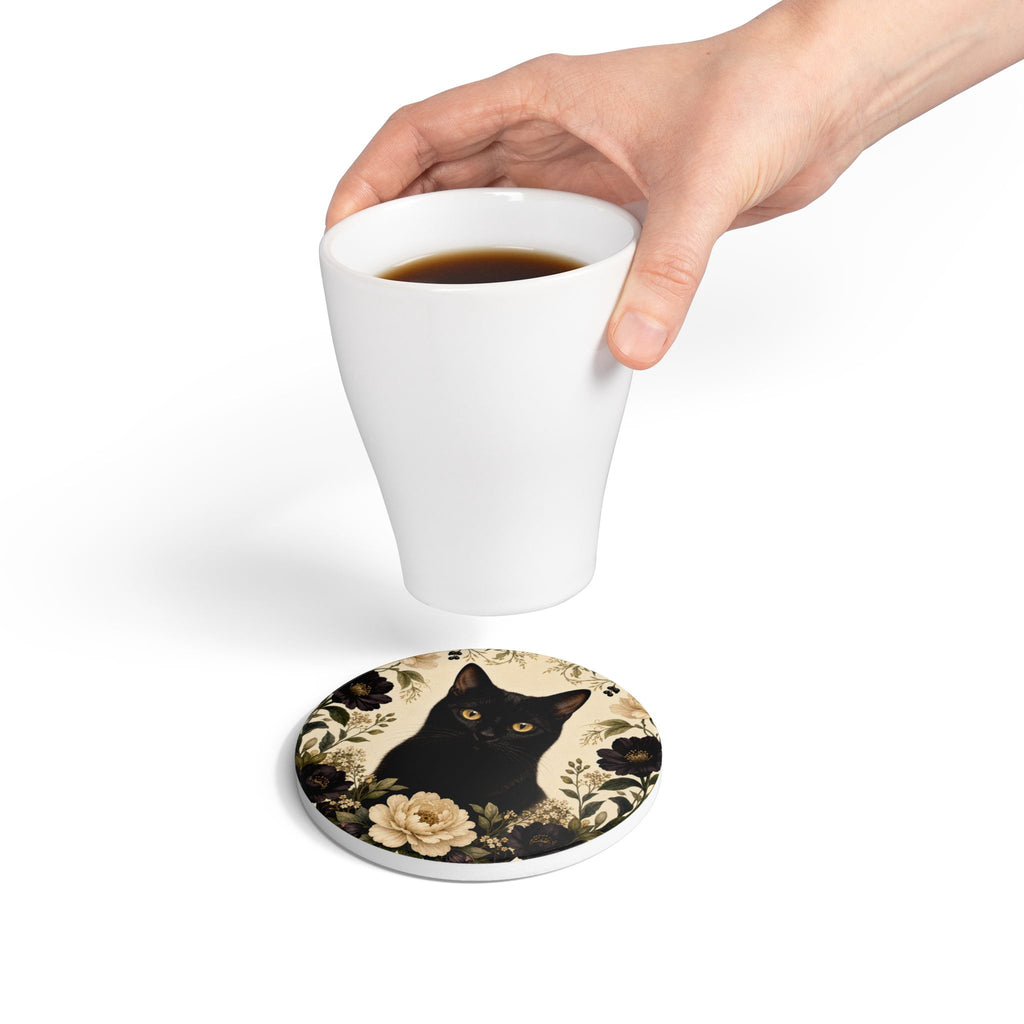 Custom Black Cat Botanical Coaster From Photo