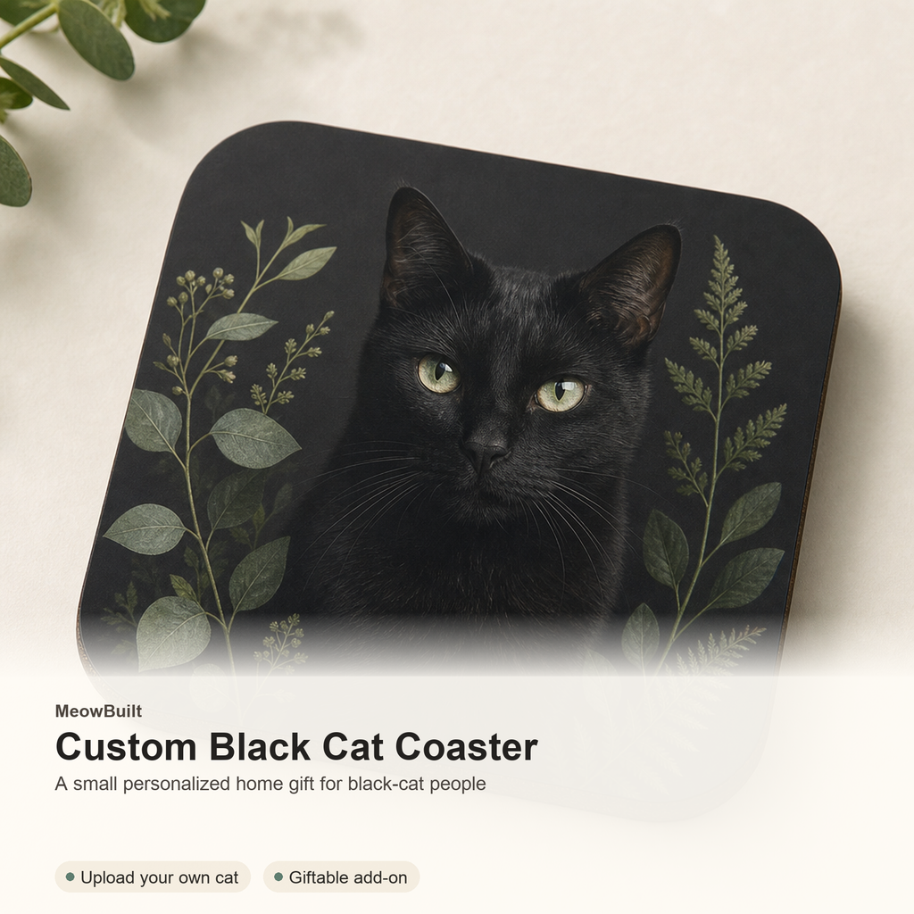 Custom Black Cat Botanical Coaster From Photo