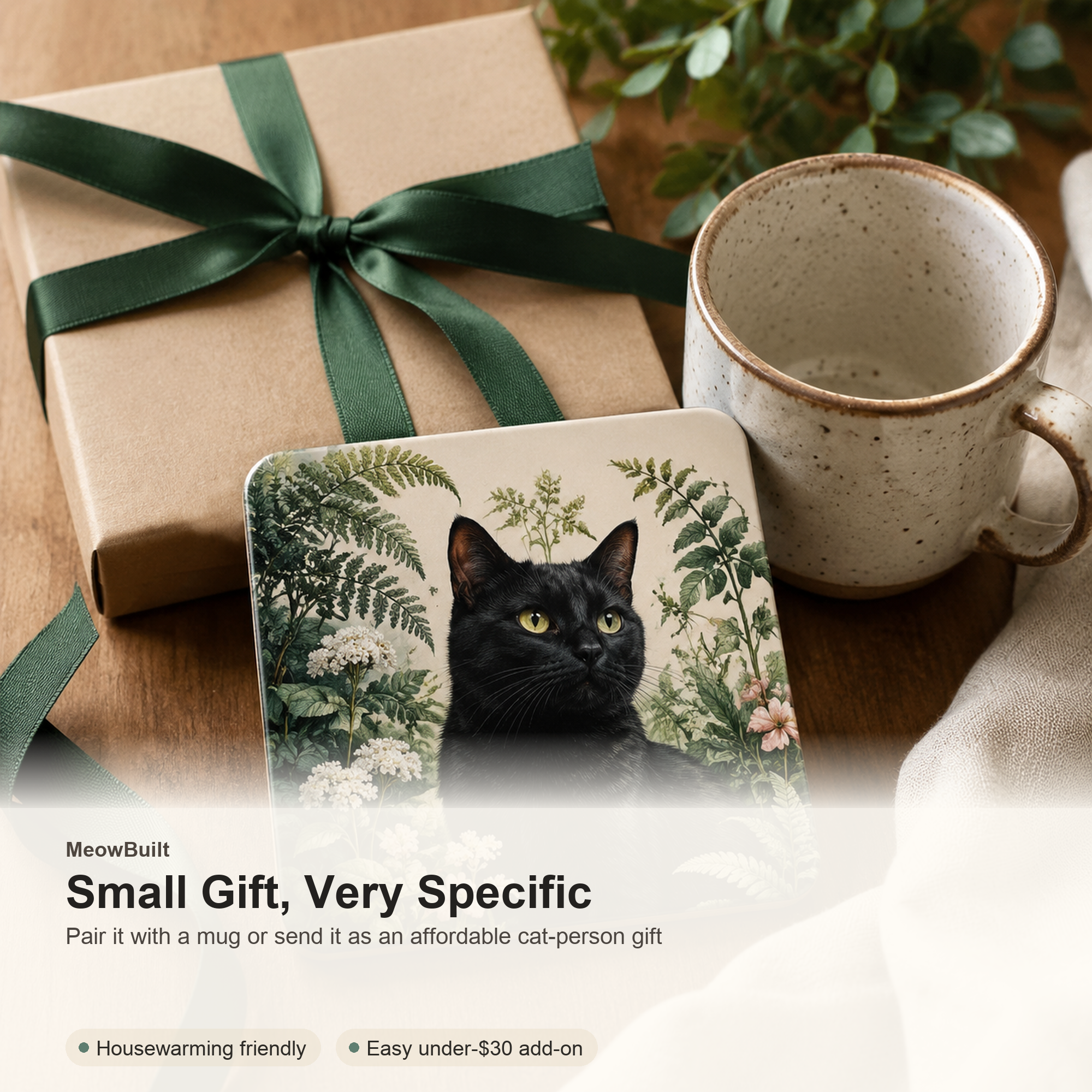 Custom Black Cat Botanical Coaster From Photo